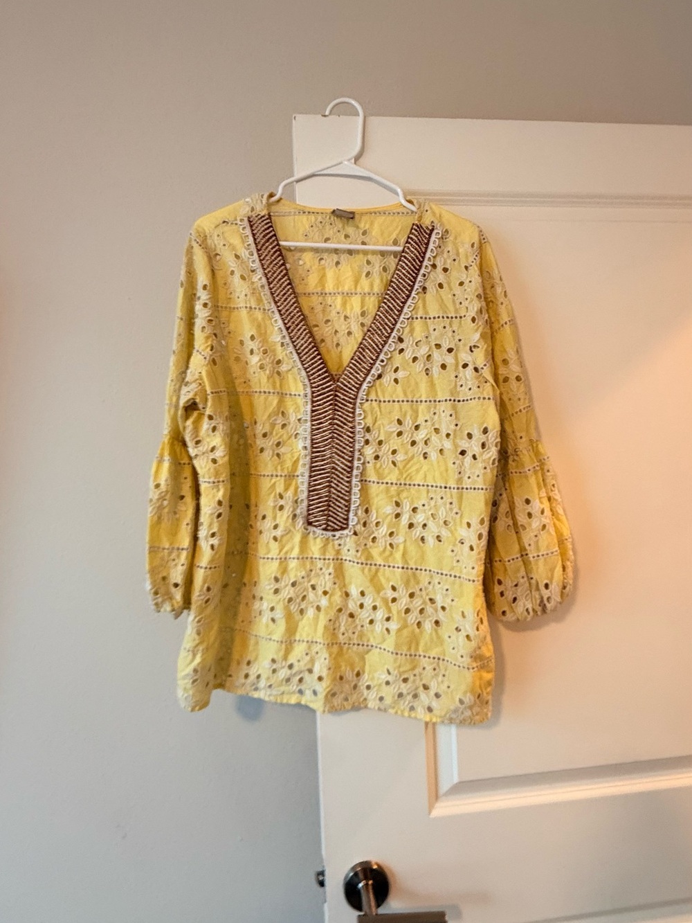 Chico's Yellow Embroidered Cotton Top with Cream Lace